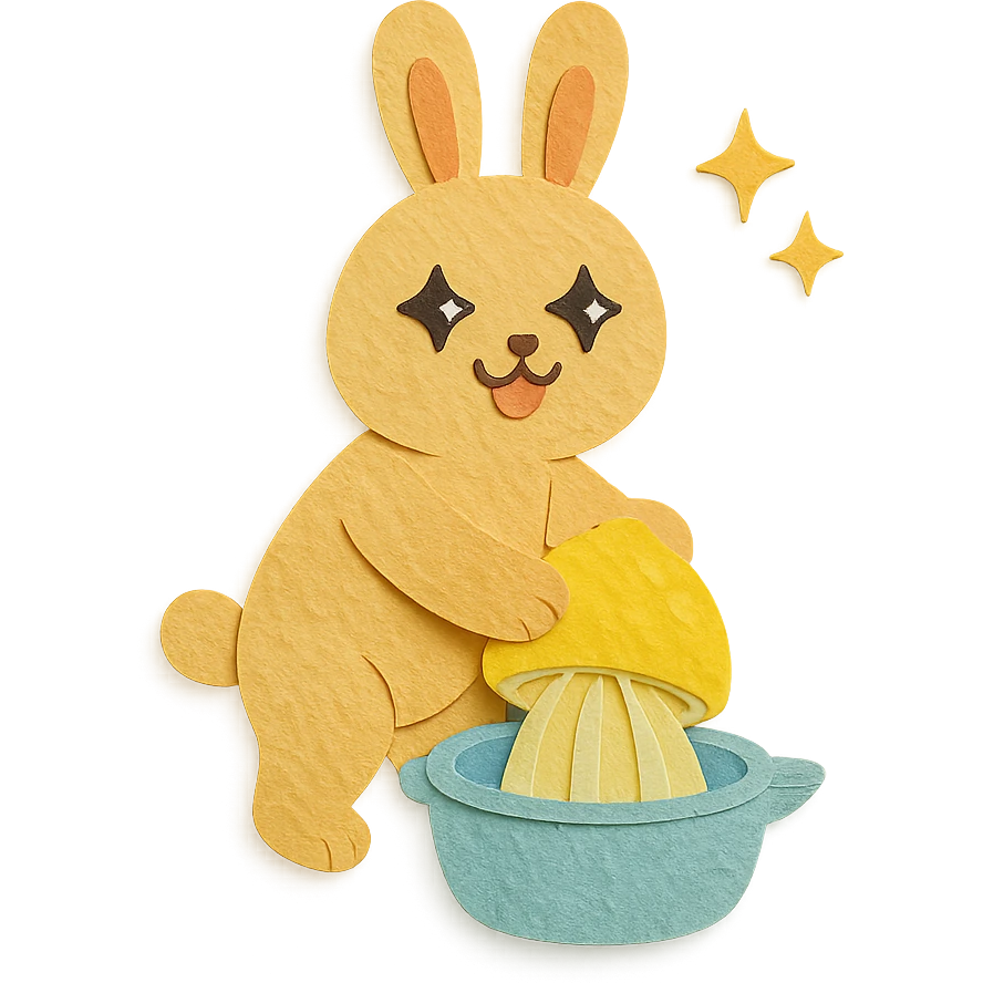 soft yellow citrus juicer bunny, squeezing lemon, sparkling happy eyes, full-body emoji