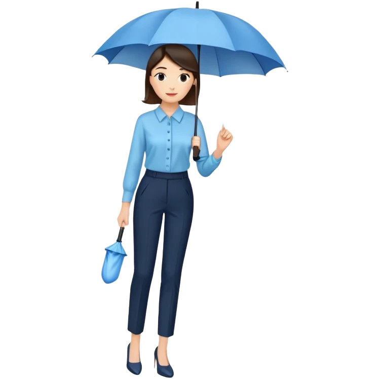 female smart light blue blouse, dark trousers, shoes. one hand holding an umbrella emoji