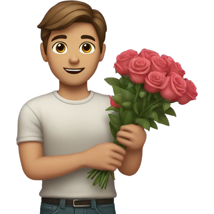 guy with brown hair holding bouquet of roses emoji