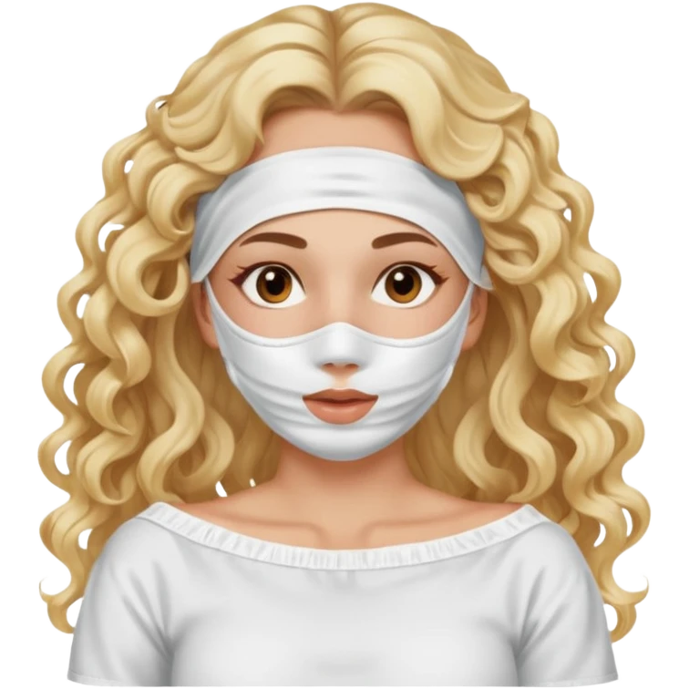 White girl- brown eyes - beauty face mask massage -full care- blonde long curly hair  white off shoulder shirt emoji