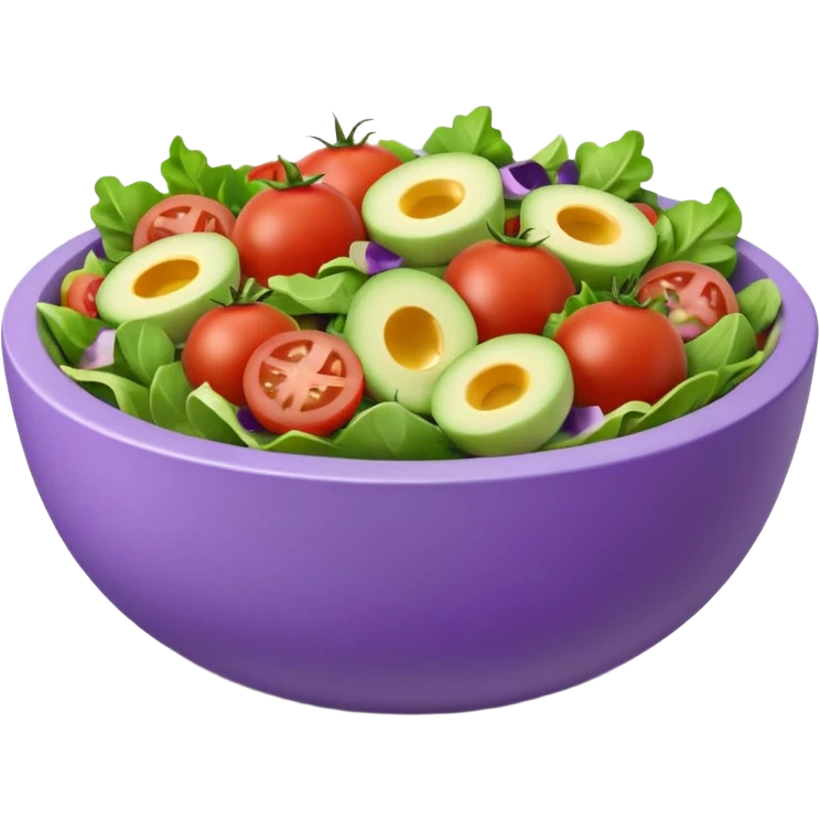 Modern premium 3D emoji icon: salad bowl (🥗), smooth rounded shapes, matte + subtle gloss, top-left studio light, soft shadow. Purple bowl with lavender rim; ingredients in natural colors, all sliced/chopped (no whole tomatoes). Centered, transparent background, no text emoji