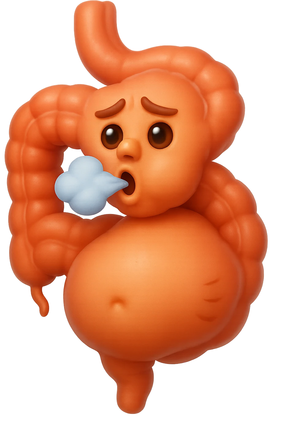 emoji stile iphone di un intestino che ingoia una nuvoletta di aria ben visibile e gli si gonfia la pancia, non fargli il naso, iperrealistico 4k emoji