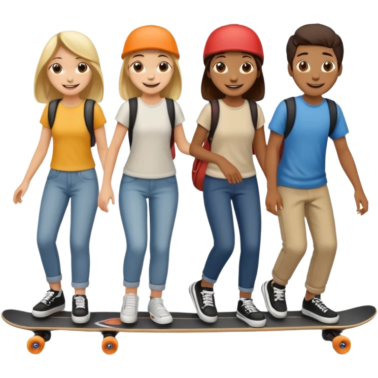 Four people no skin color on one long skateboard emoji