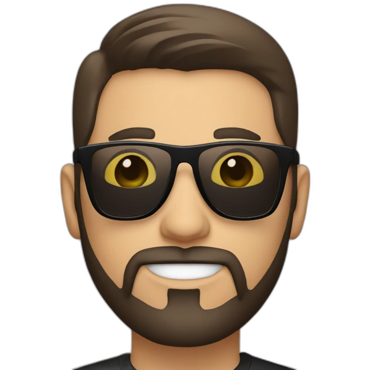 person short straight dark brown hair, goatee style beard with sunglasses. White background, simple black tshirt. smiling. white skin emoji