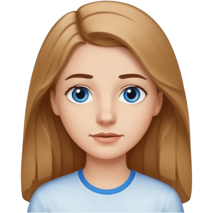A pretty white girl with long slightly light brown hair dark eyebrows and braces and blue eyes wearing a white shirt and she has a long face emoji