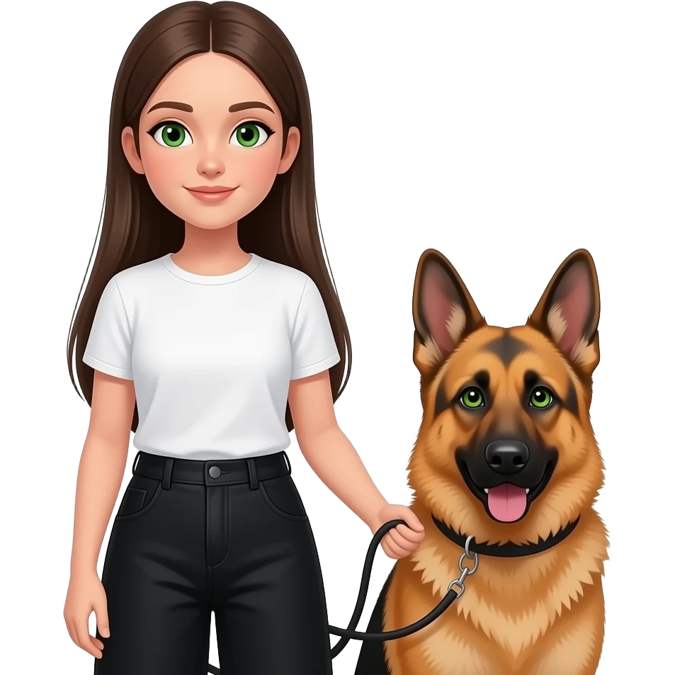 Сделай девочку брюнетку прямые длинные волосы темно зеленые глаза в белой футболке она не должна быть длинно и заправленнойв оверсайз черных штанах в руках у нее рыжий кок со светло зелеными глазами и еще у нее в руке поводок черный от немецкой овчарки и ета собака коло девочки emoji