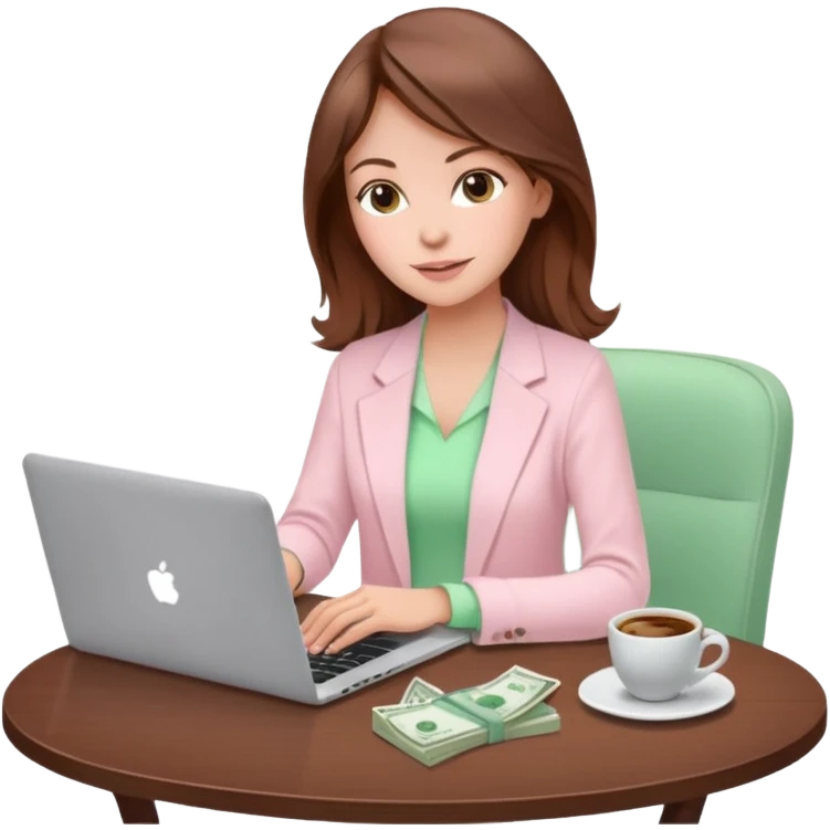  woman character dressed in pastel light pink with laptop and coffee relax table, dollars are floating, white laptop, brownn hair, fair skin,  emoji