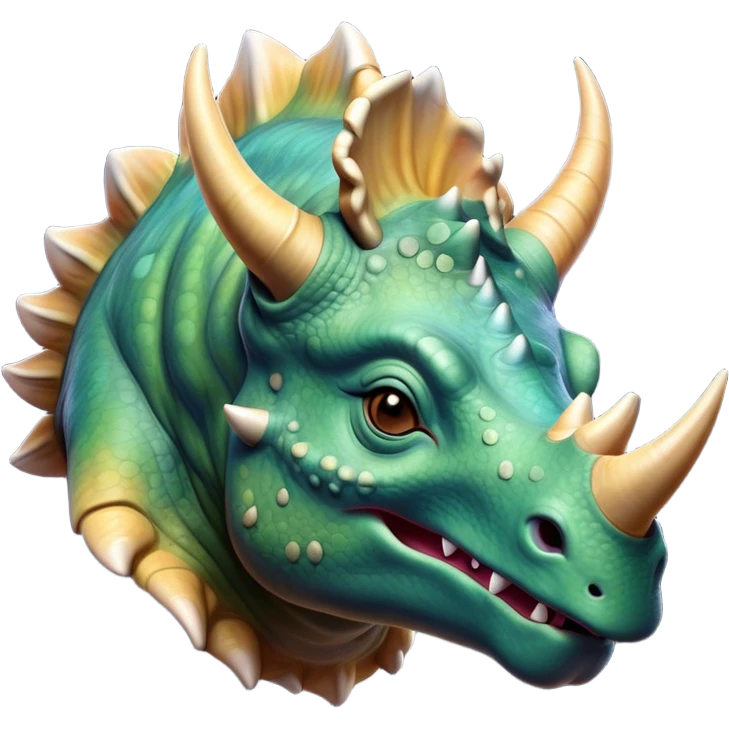 Beautiful and Majestic Triceratops Portrait Emoji, Head and body rendered in serene repose with a gentle, content smile, showcasing a robust, horned form with an intricately frilled head and eyes softly closed in tranquil repose, Simplified yet exquisitely endearing features, highly detailed, glowing with a soft, drowsy prehistoric light, high shine, relaxed and utterly majestic, stylized with an air of ancient splendor, soft glowing outline, capturing the essence of a beautiful and majestic Triceratops that embodies the timeless strength of the ancient world! emoji