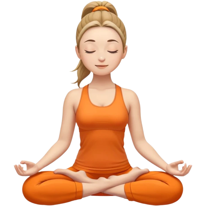 caucasian woman with ponytail in lotus position meditating, eyes closed with a slight smile, peaceful expression, orange yoga clothes emoji