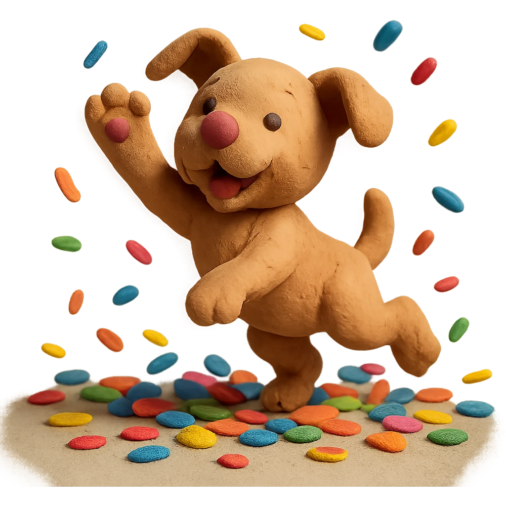 puppy jumping in confetti with paw up, claymation style emoji