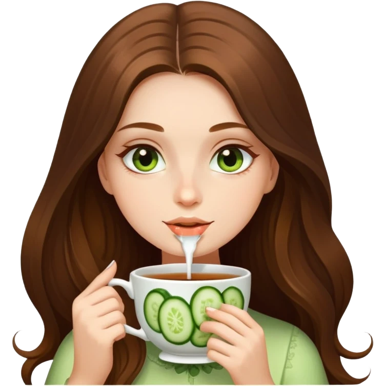 Beautiful girl with long brown hair and cucumber on eyes, sipping tea teacup emoji
