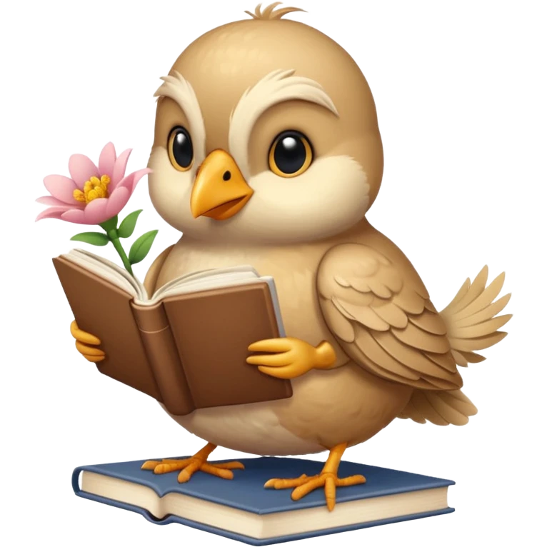 Beige Bird reading books + flower emoji