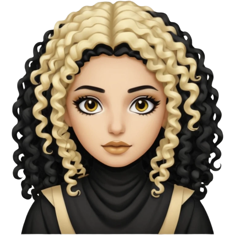 Pale Saudi pretty baddie, black eyeliner, curly long black and blonde split dye hair emoji