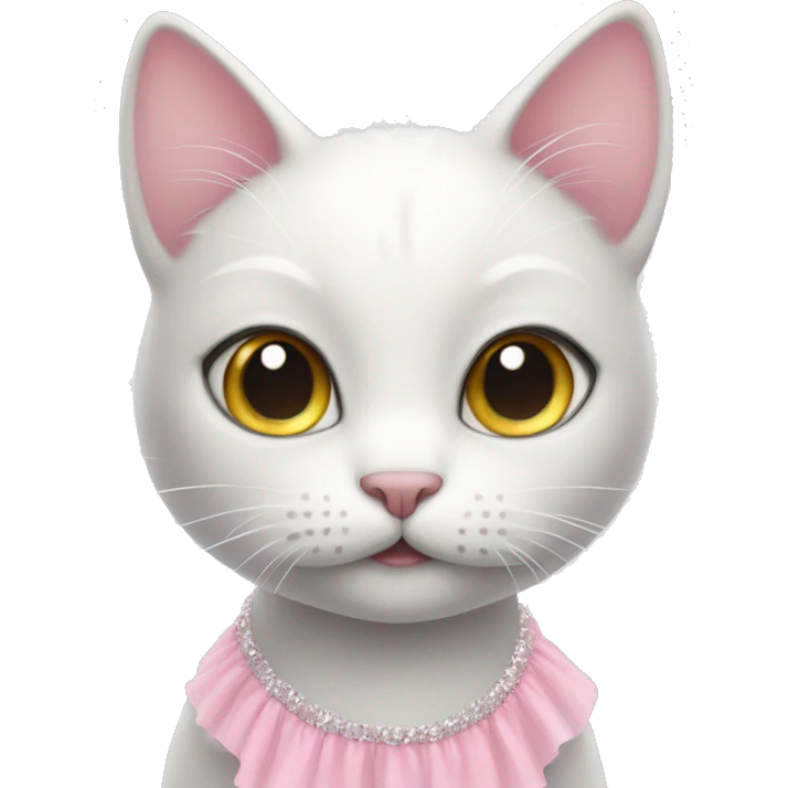 White cat with grey forehead wearing a pink tutu emoji