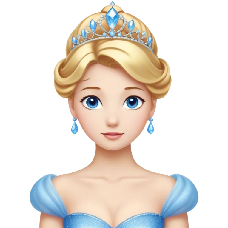 Cinematic Stunning Cinderella Portrait Emoji, Radiant in her sparkling blue ball gown, golden hair in a perfect updo, soft blue eyes full of wonder, glistening tiara, glowing with an ethereal beauty, regal yet kind, a dreamlike aura surrounds her, capturing the essence of a fairy tale princess, elegant and breathtaking! emoji