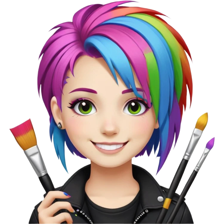 artist-girl with rainbow hair and brushes in black punk-clothing smiling emoji