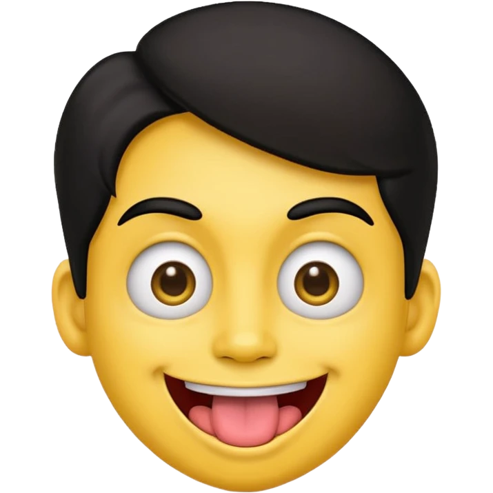 yellow face emoji smiling with huge tongue out and eyes wide open. Tongue should have the effect of wagging back and forth. Give him a head of black hair emoji