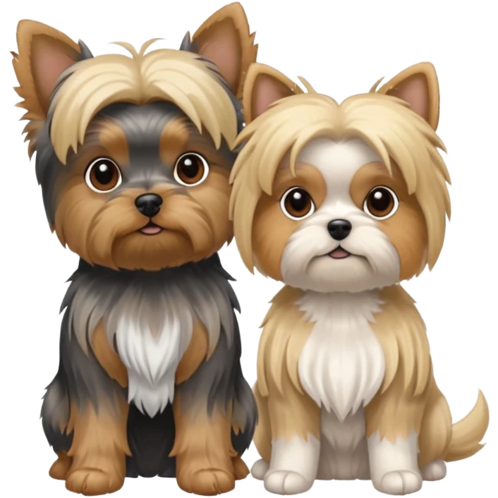 Generate a blue and tan purebred yorkie with a blonde shi tzu yorkie mix sitting next to each kther emoji
