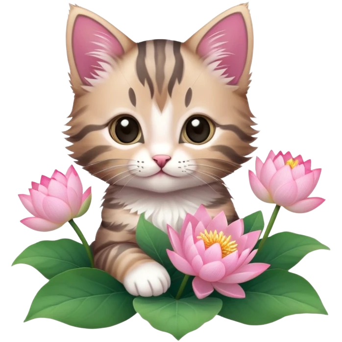 Kitten holding a bouquet of lotus flowers emoji