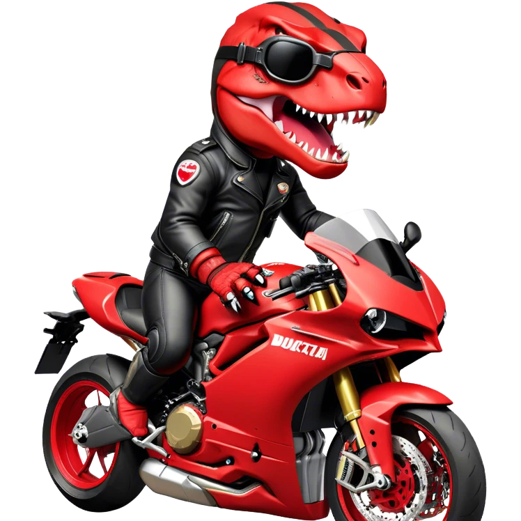 A fierce red T-Rex with a bold, aggressive attitude, dressed as a biker with a black leather jacket, gloves, and aviator goggles. It is riding a black Ducati Panigale, gripping the handlebars tightly. The design should be in a mascot logo style, with thick outlines, vibrant colors, and a dynamic, powerful look. The background should be transparent or nonexistent emoji
