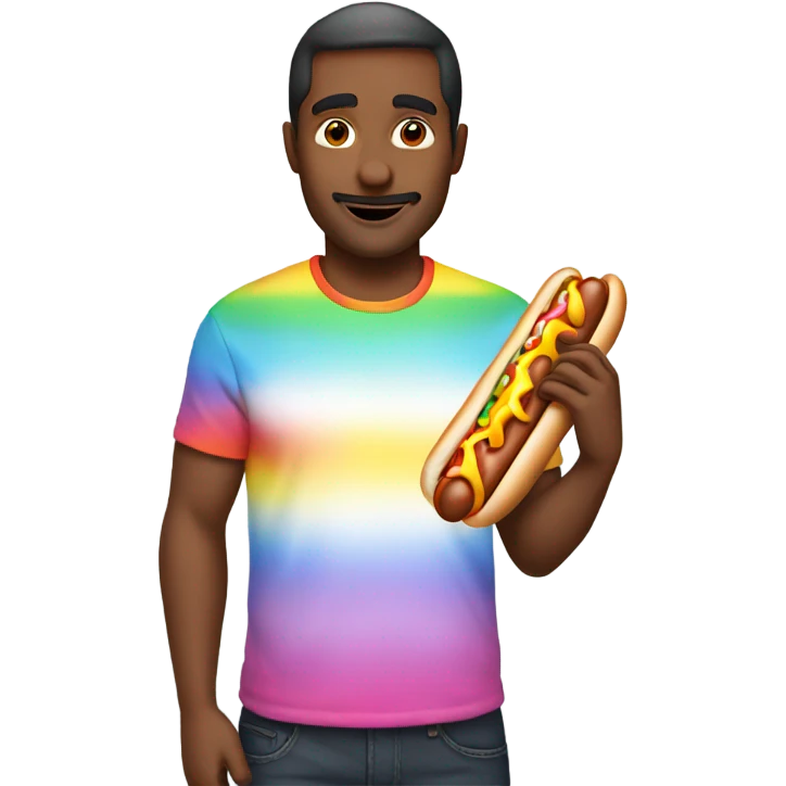 Man with rainbow shirt holding a hotdog emoji