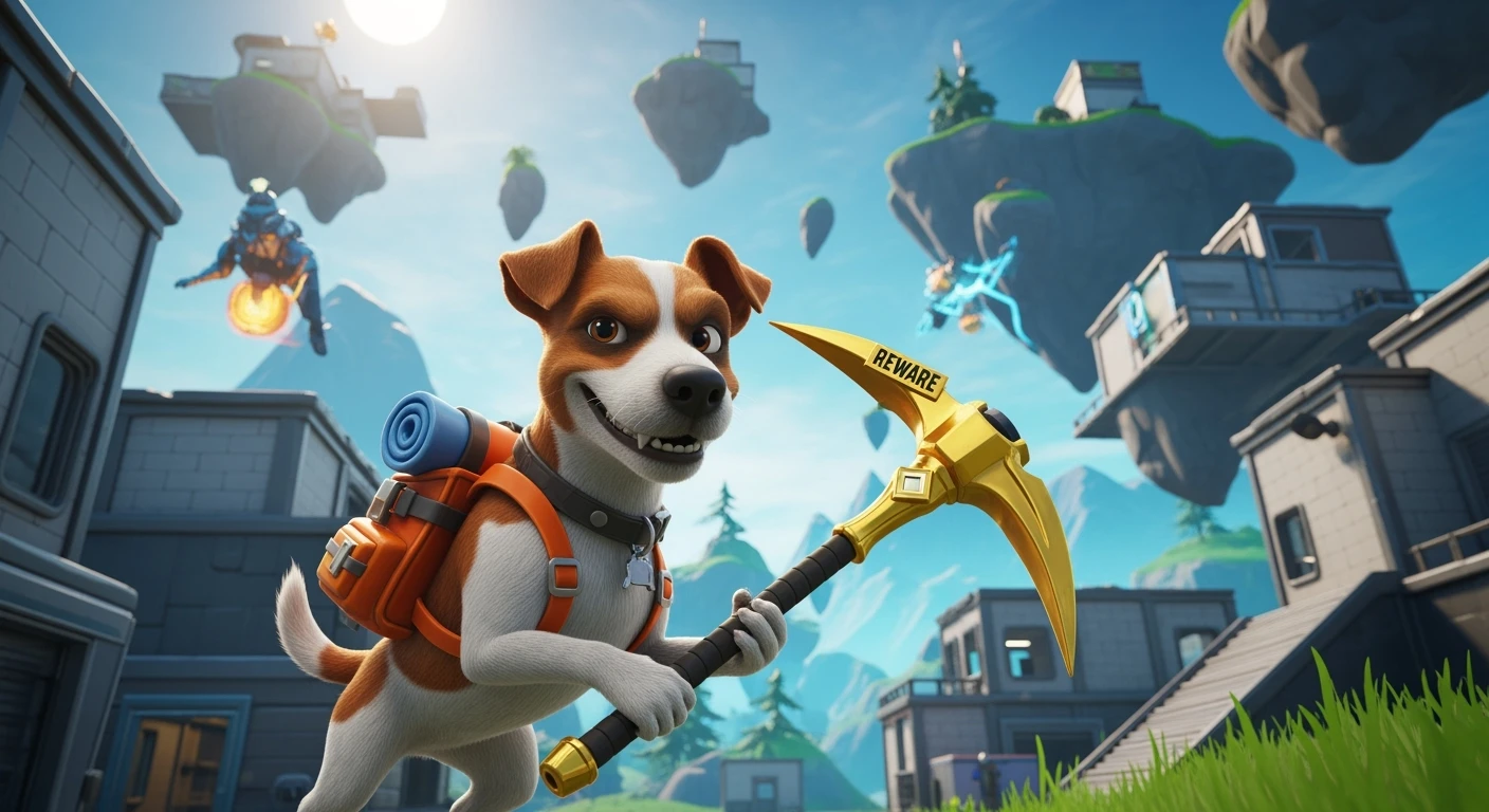 Cinematic still of a dog in fortnite game world emoji