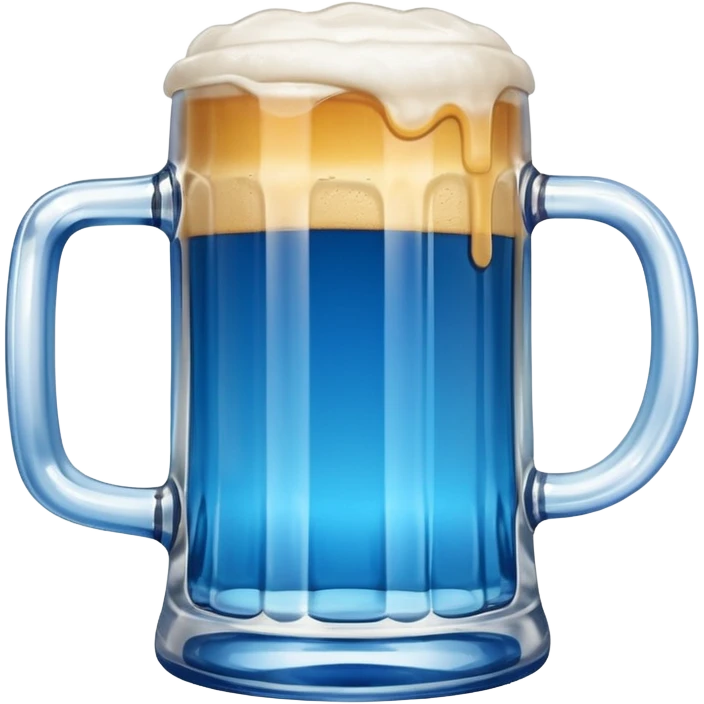 A large clear glass mug with a bright blue liquid inside.  Make the mug thicker and white/clear, not blue. beer stein. Handle is not blue. The walls of the mug are very thick and white emoji