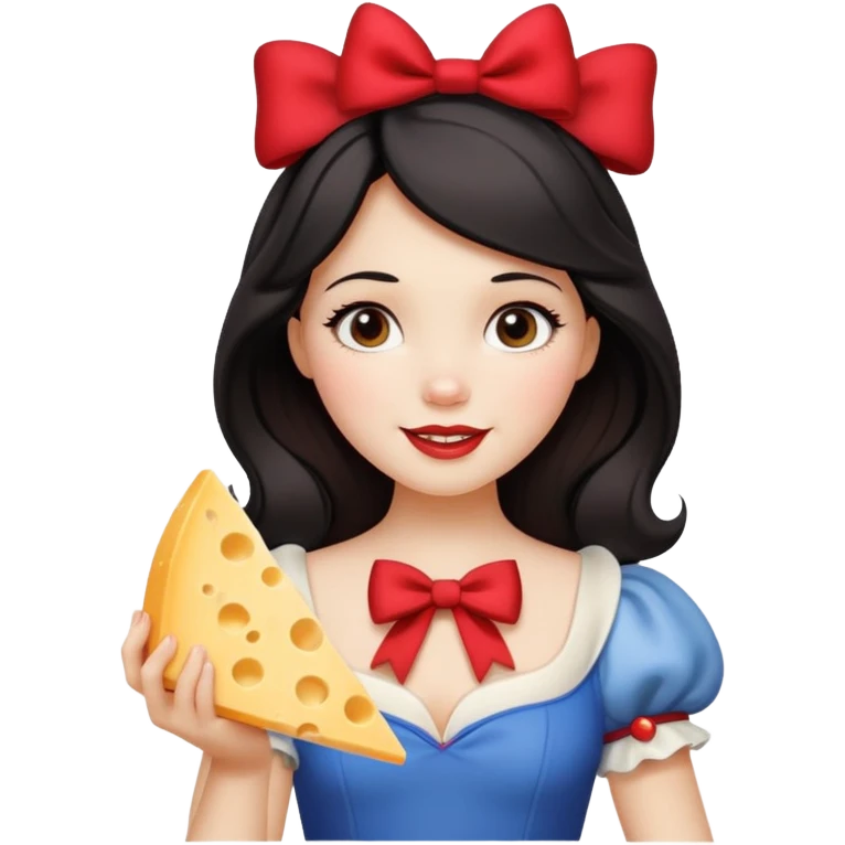 Happy Disney Snow White with red bow in hair and holding triangle wedge of cheese emoji
