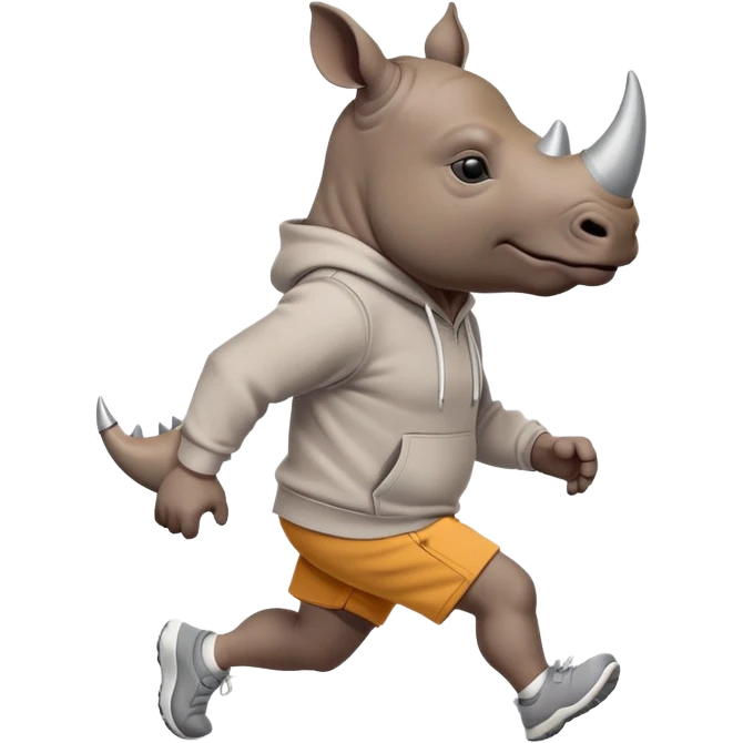 friendly anthropomorphised rhino jogging upright, wearing a hoodie and shorts, dark sunglasses, relaxed pose emoji