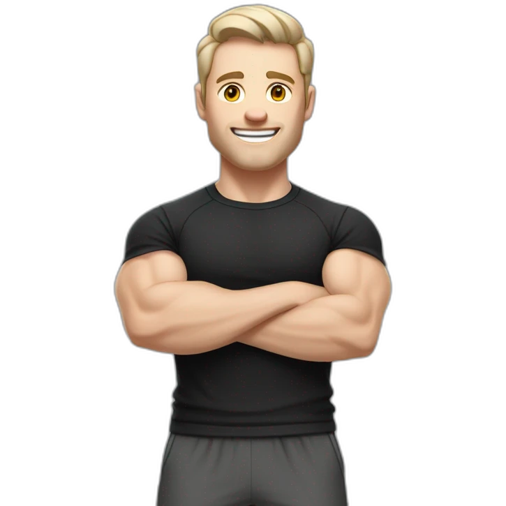 Joyful Pale skinned Fit Man With the biceps and dark brown hair in black shirt, gray sports shorts and white Sneakers emoji