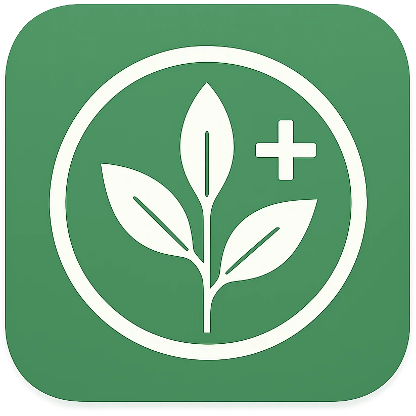 macOS CRM app icon for herbal therapy, with a circular emblem containing a stylized plant and a subtle cross symbol, green and white color palette, sleek and professional, no text emoji