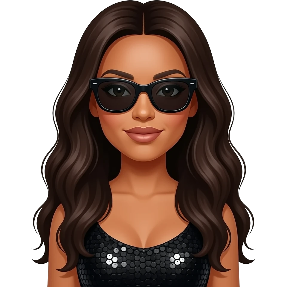 Aaliyah with long dark brown hair, black sequin outfit, black sunglasses emoji