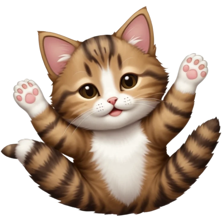 dark brown tabby and white kitten in funny positions stretched our upside down with eyes closed emoji
