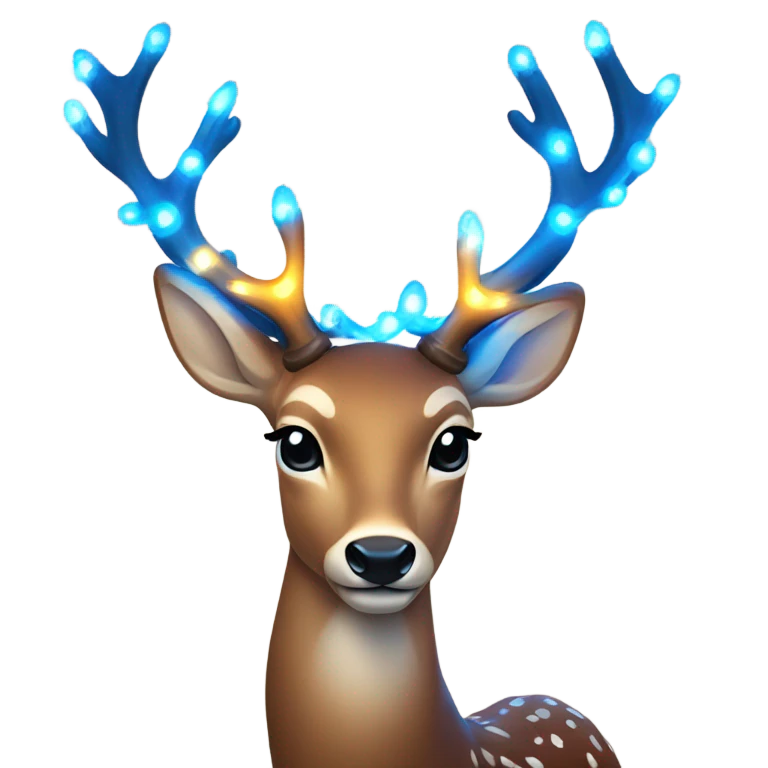 Deer with 8 antlers lit up with warm lights and a blue bow on neck emoji