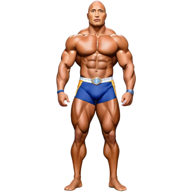 Dwayne Johnson, oiled and posing at the Mr. Universe bodybuilding championship, showcasing his muscular physique in an iconic display of strength. The background features the stage with judges and audience, capturing the intensity and prestige of the competition. Transparent background. emoji