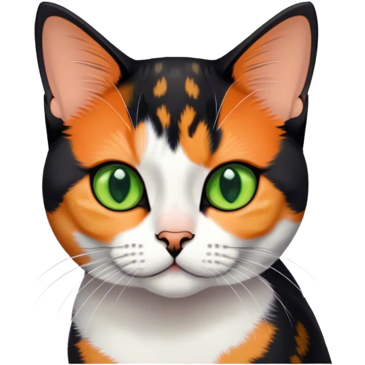 American shorthair calico cat with big green eyes and black fur on the right side of their face and orange on the left side sitting down emoji