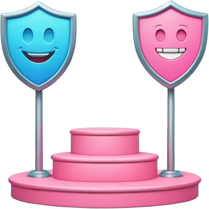 Minimalist 3D emoji-style podium with 2 steps on a green chroma key background. Step 1 (higher) features a handshake icon with blue neon glow. Step 2 (lower) features a smiling tooth with a shield icon and pink neon glow. Clean rendering, soft colors, uniform lighting. emoji