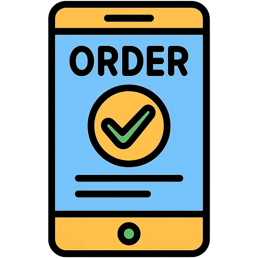 a digital order confirmation on a phone screen, flat icon style emoji