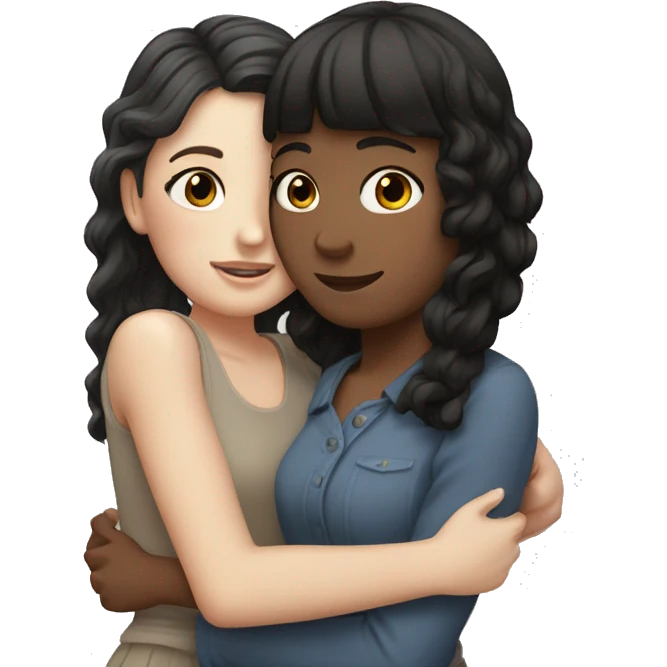white girl with brown curls hugging another white girl with black hair and bangs emoji