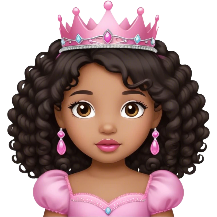 princess, medium brown skin tone, very adorable toddler, with big plump lips, long long lashes, black curly long hair, brown eyes, pink tiara emoji