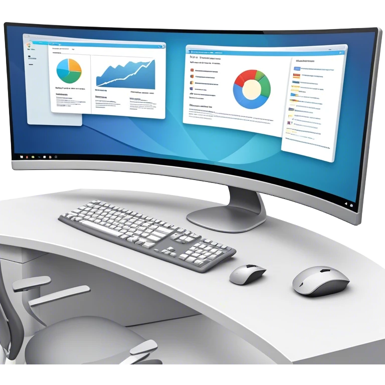 Create an emoji for UX/UI design. Show  large curved monitor displaying windows with UX/UI design HTML program interface. Include a mouse, keyboard, and stylus next to the screens. Use modern, professional colors. Do not include any emojis or smiley faces. Make the background transparent. emoji