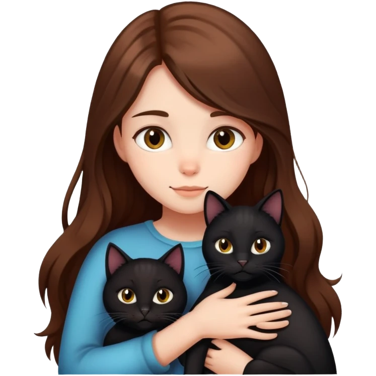 A girl with long brown hair hugs a black cat tightly emoji