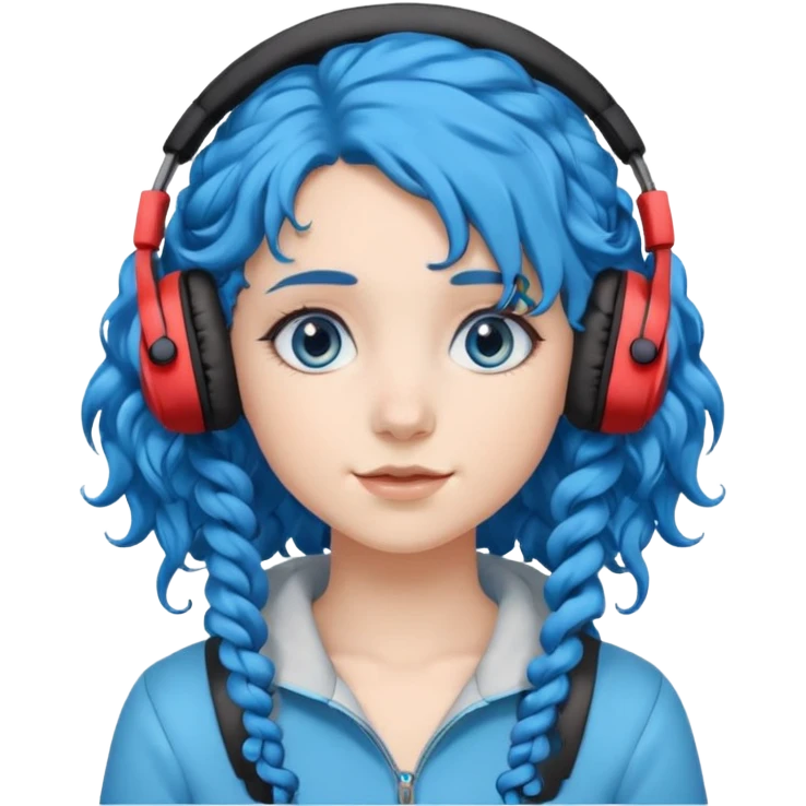 blue haired earringed heaphone wearing girl very very curly long haired emoji