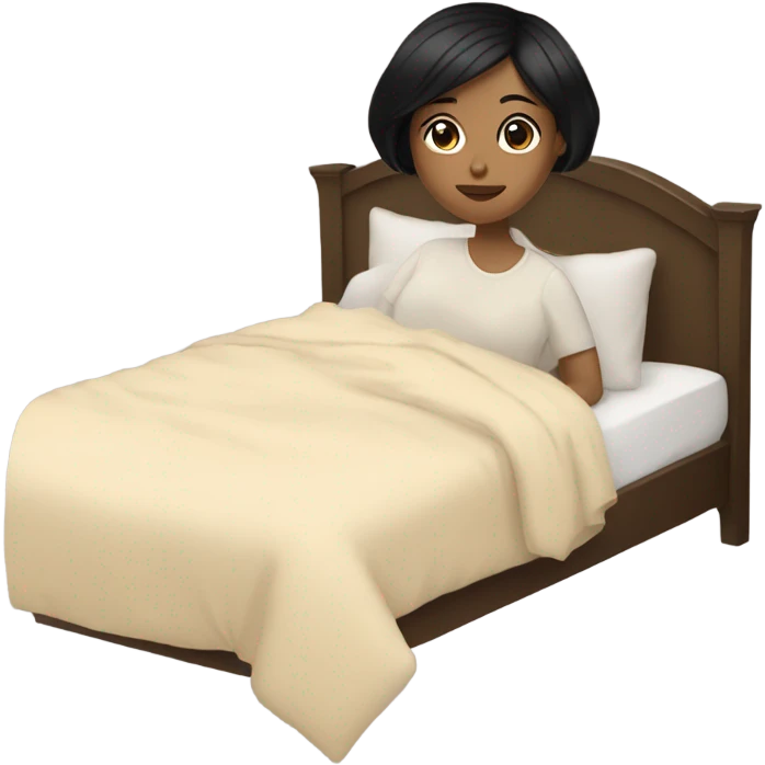 girl with short black hair laying in a big bed with a beige comforter  emoji