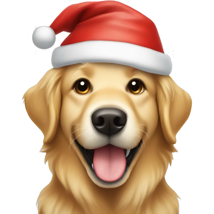 Golden retriever wearing a Santa hat smiling emoji