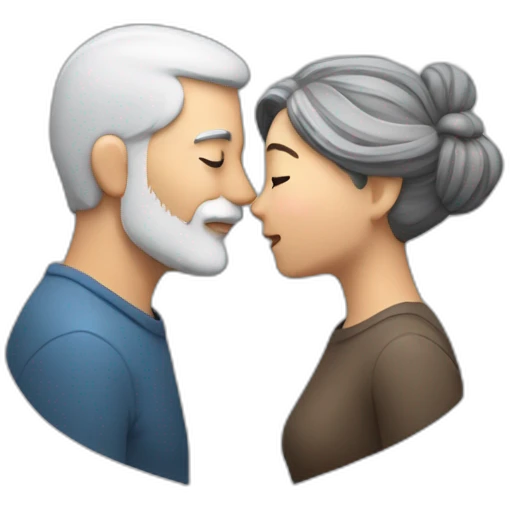 image of woman with dark brown hair kisses and hugs man with gray hair and white beard with floating hearts emoji