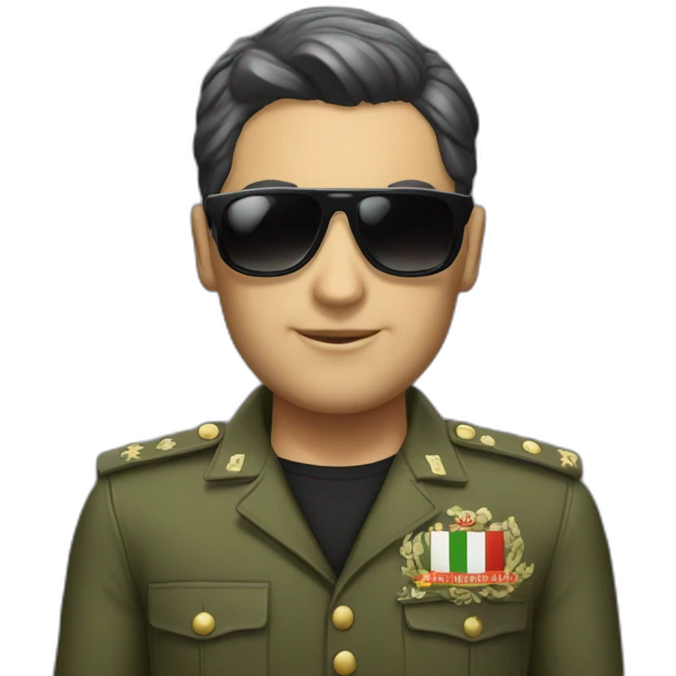 Italian white playboy with military black short hairs and dark sunglasses and italian-like clothes  emoji