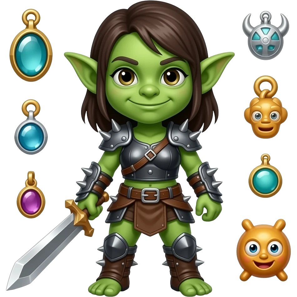 Green skin Goblin fighter girl with shiny trinkets toys emoji