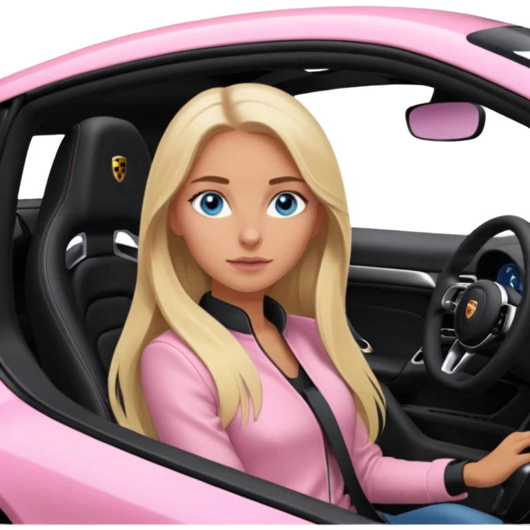 pink Porsche taycan with blonde girl, long hair, blue eyes, sitting in the car, girl in the driver seat, front view point of view, no sunglasses emoji