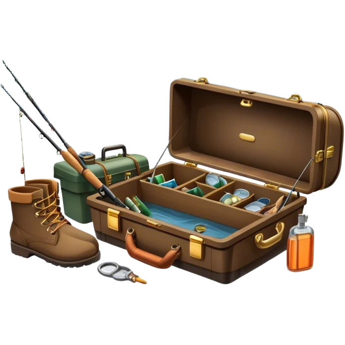 Icon for Fishing: a boat on the shore of a peaceful water body with a beautiful natural landscape, a fishing tackle box, a spinning rod, and boots nearby. The icon should capture the tranquility and gear of a fishing adventure. Transparent background. emoji
